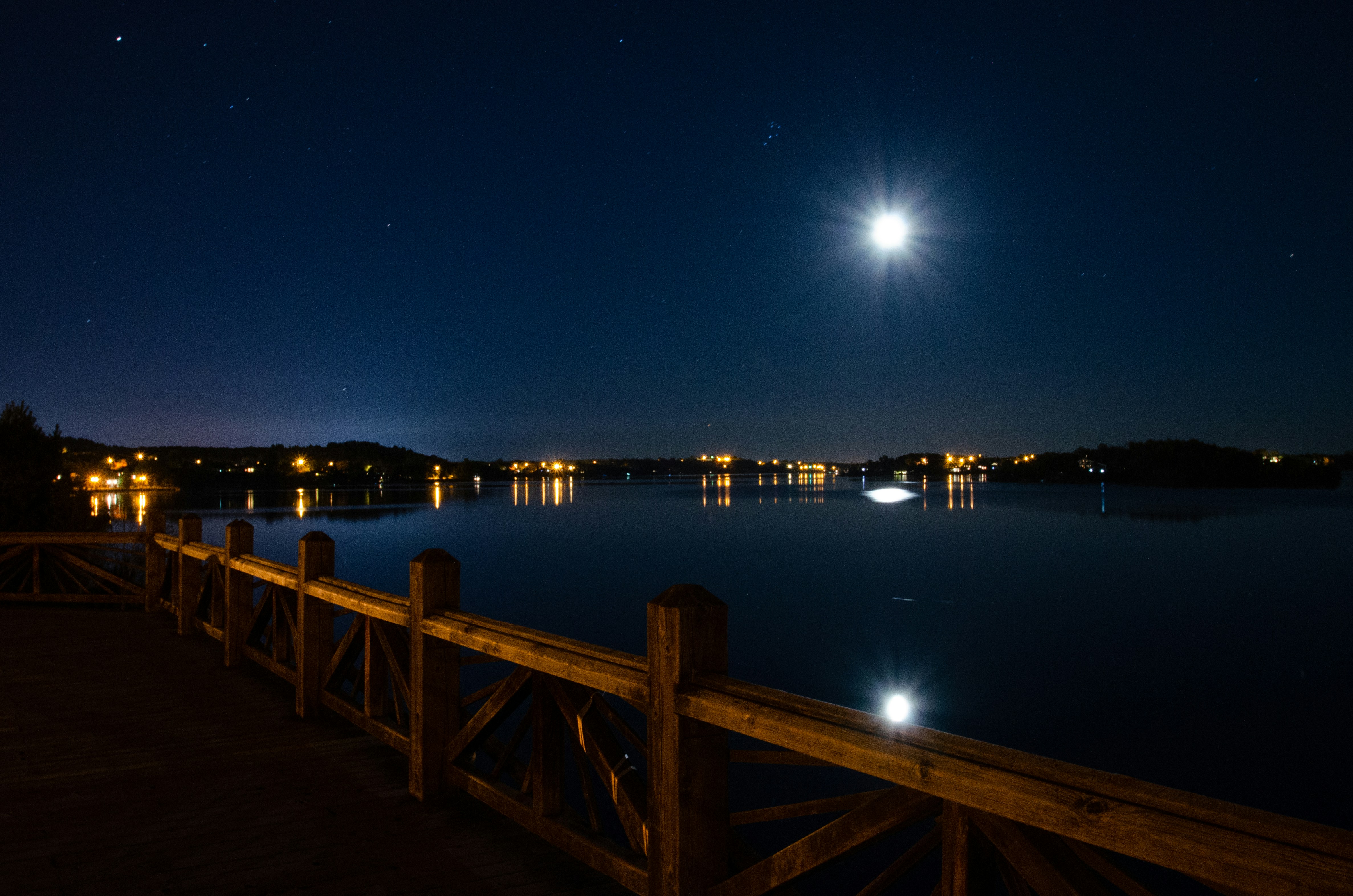 brown wooden dock on body of water during night time