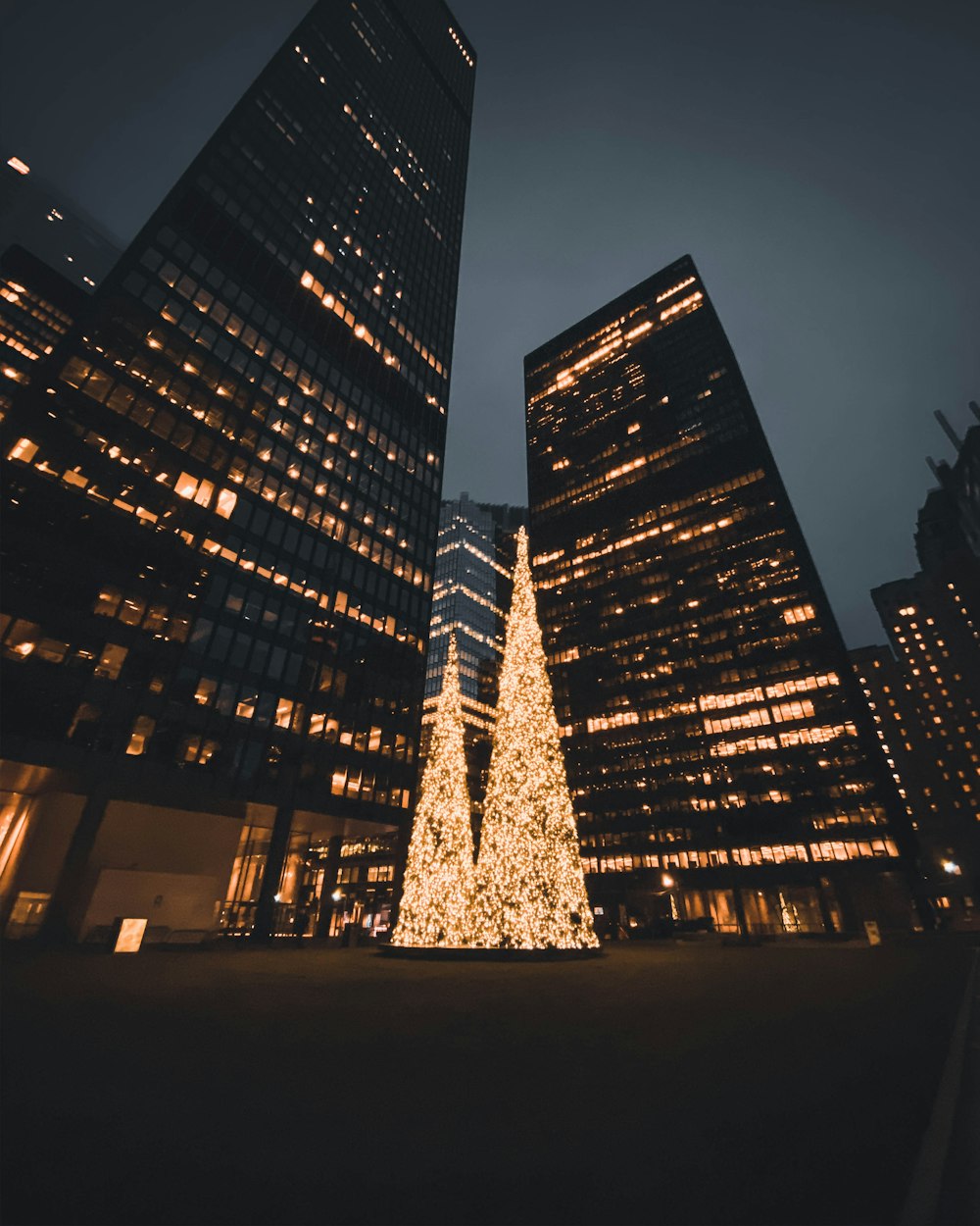 low angle photography of high rise building during night time