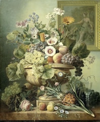 Original oil painting showing a detailed still life with fruits and flowers in Renaissance style.
