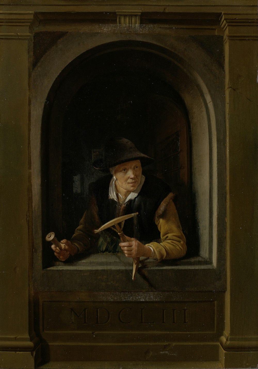 man in brown leather jacket and black hat sitting on brown wooden window