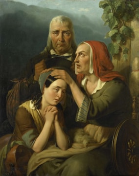 Three people are depicted in an intimate and solemn setting. An elderly man stands in the background holding a hat, looking directly forward with a stern expression. In the foreground, an older woman with a white bonnet and red headscarf is seated, placing her hand gently on the head of a young woman kneeling in prayer. The young woman has a contemplative expression, her hands clasped together, and she wears a bonnet and simple clothing. The background features dark, muted tones with some foliage visible on the right.