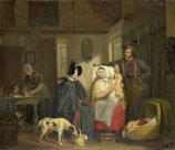 A detailed domestic scene depicting a family setting in an old-fashioned room. A woman in dark clothing sits next to a mother holding a swaddled baby. A man leans on her chair, adding to a sense of casual intimacy. Nearby, a dog is sniffing a basket, and another woman appears to be preparing food at the table with children close by.