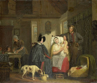 A detailed domestic scene depicting a family setting in an old-fashioned room. A woman in dark clothing sits next to a mother holding a swaddled baby. A man leans on her chair, adding to a sense of casual intimacy. Nearby, a dog is sniffing a basket, and another woman appears to be preparing food at the table with children close by.
