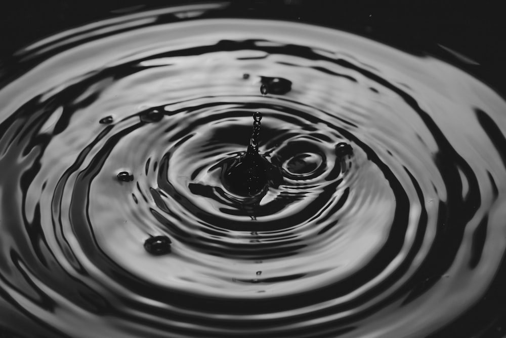 water drop in grayscale photography