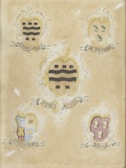The image depicts five ornate heraldic shields with intricate designs and different symbols. Each shield has a distinct pattern and is accompanied by a banner with a name inscribed on it in a decorative script. The shields are set against a slightly aged beige background.