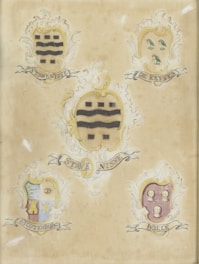 The image depicts five ornate heraldic shields with intricate designs and different symbols. Each shield has a distinct pattern and is accompanied by a banner with a name inscribed on it in a decorative script. The shields are set against a slightly aged beige background.