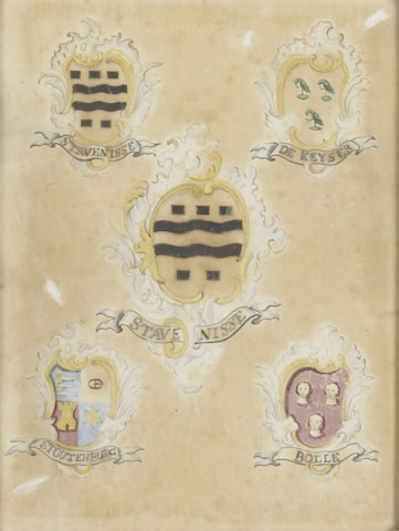The image depicts five ornate heraldic shields with intricate designs and different symbols. Each shield has a distinct pattern and is accompanied by a banner with a name inscribed on it in a decorative script. The shields are set against a slightly aged beige background.