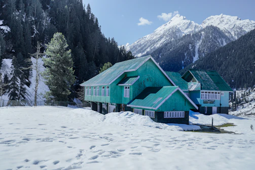 A snow-covered landscape with a green-roofed building, surrounded by tall evergreen trees and majestic, snow-capped mountains in the background. The building has multiple sections with large windows and is labeled as 'HOTEL ALPINE'. The scene conveys a serene winter setting.