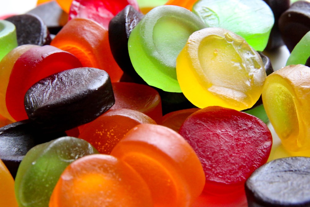 yellow green and red candies