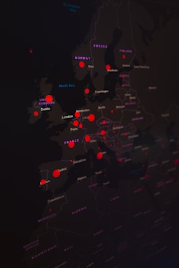 A dark-themed map highlighting major cities in Europe and North Africa with bright red markers. Country names are visible in white, while the markers are used to emphasize specific locations.
