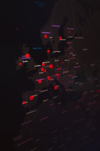A dark-themed map highlighting major cities in Europe and North Africa with bright red markers. Country names are visible in white, while the markers are used to emphasize specific locations.