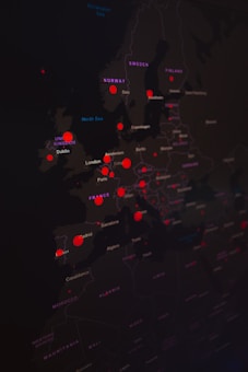 A dark-themed map highlighting major cities in Europe and North Africa with bright red markers. Country names are visible in white, while the markers are used to emphasize specific locations.