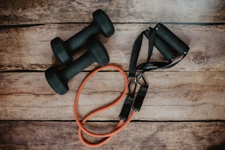 Dumbbells and resistance band flat lay for building strength and bone health at home