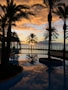 palm trees near swimming pool during sunset