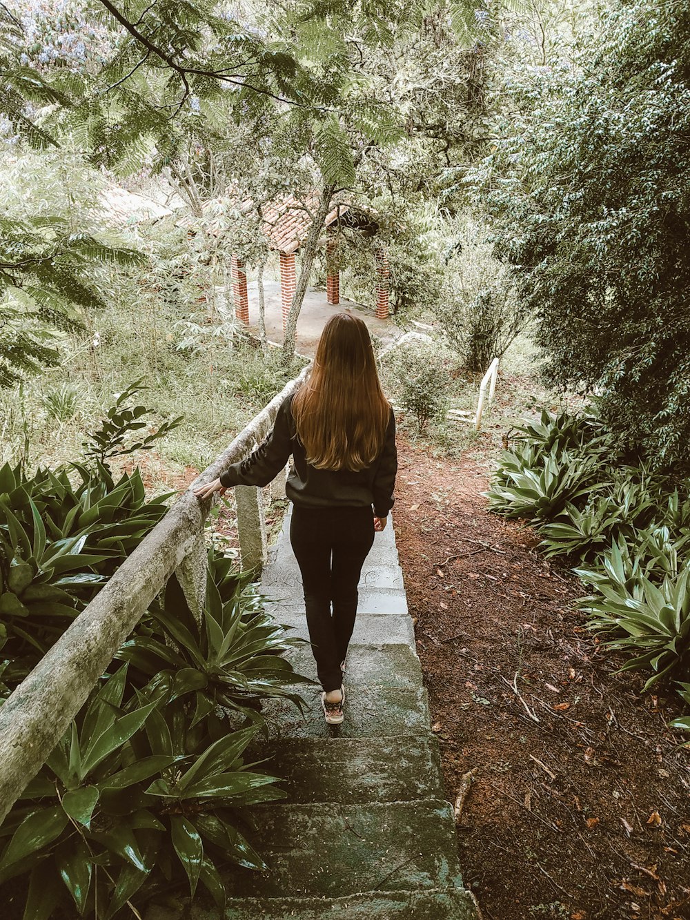 黒の長袖シャツと黒のズボンを着た女性が緑の植物の間の小道を歩いています。