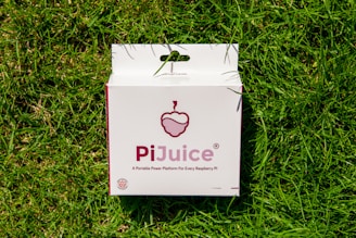 A white box with the brand name 'PiJuice' printed in magenta, featuring a stylized raspberry logo above. The box is placed on a lush, green grass background and includes the tagline 'A Portable Power Platform For Every Raspberry Pi' underneath the brand name.