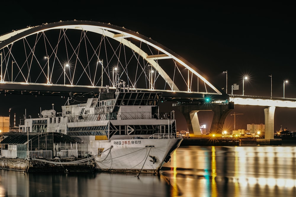 navio de cruzeiro branco e azul no cais durante a noite