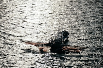 A fishing boat with large nets cast out on the sides floats on the water, with shimmering sunlight reflecting off the rippling surface of the sea.