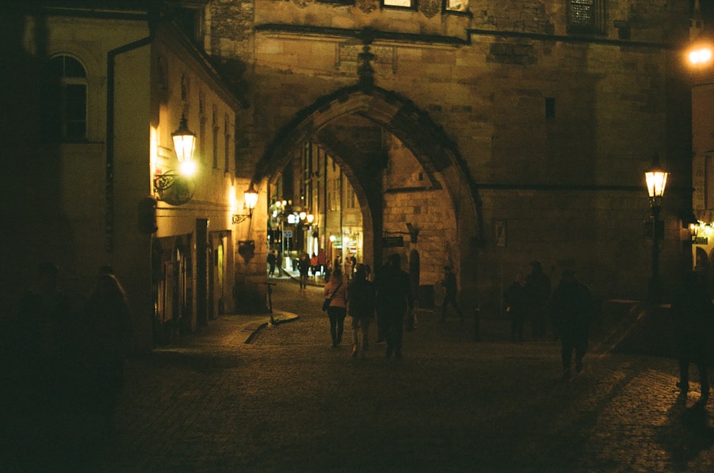 people walking on street during night time