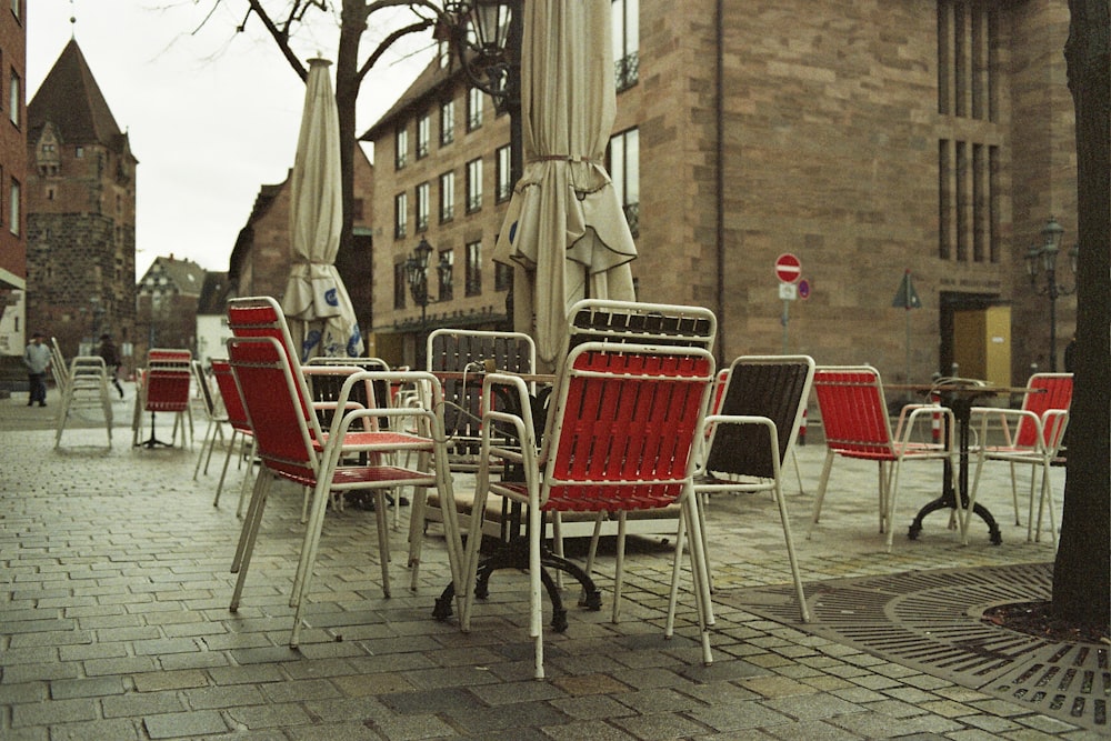 red and white chairs and tables
