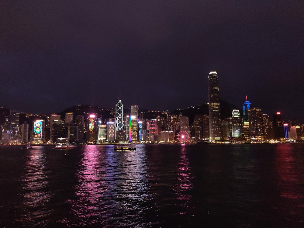 city skyline during night time