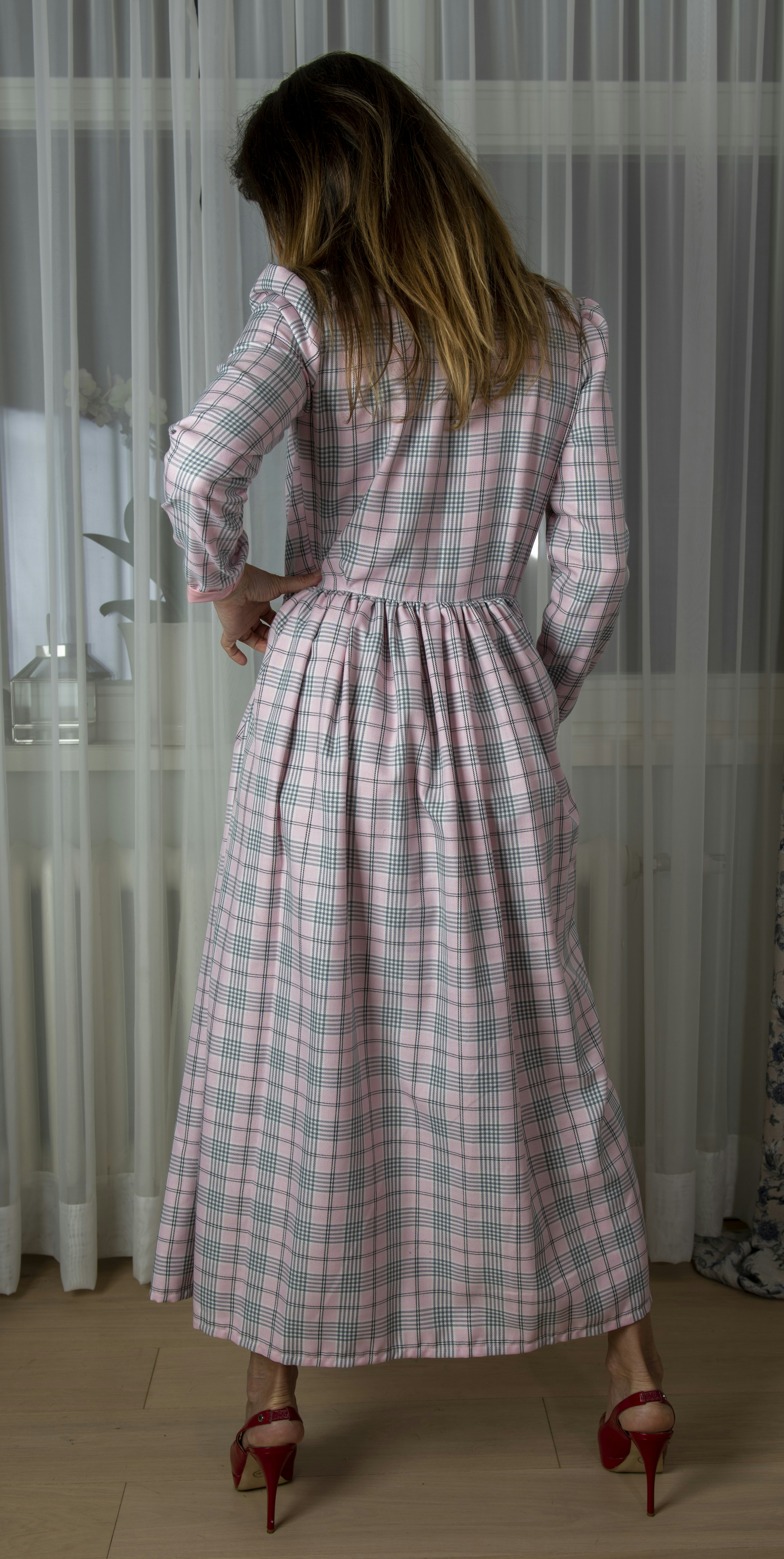 checkered dress with white shirt