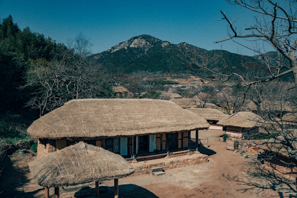 brown wooden houses near green mountain under blue sky during daytime