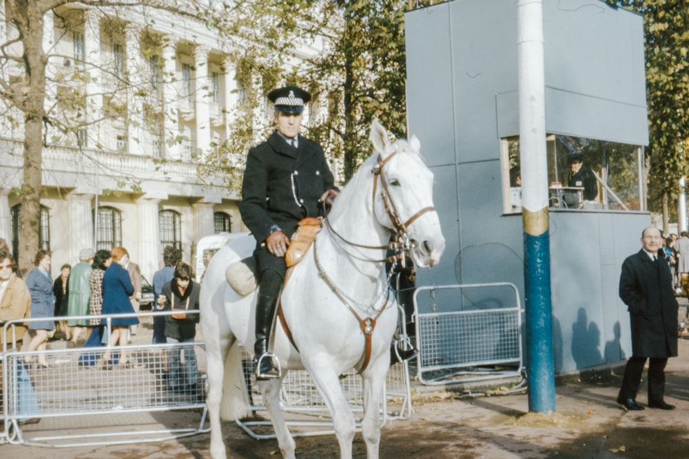 man in black jacket riding white horse during daytime