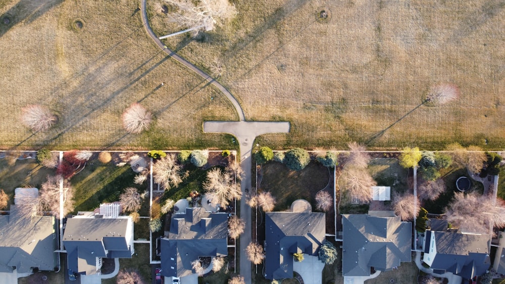 an aerial view of a neighborhood with houses and trees