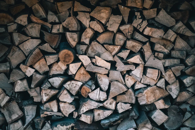 Close-up of neatly stacked premium firewood logs with rich textures.