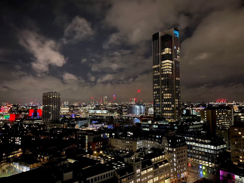 city skyline during night time