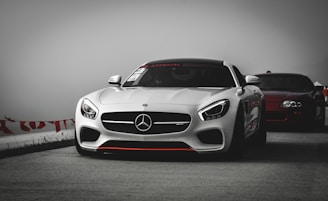 A sleek white sports car prominently displayed on a track, with a large grille and prominent brand emblem. In the background, another dark-colored sports car follows. The overcast sky and blurred background create a dramatic atmosphere.