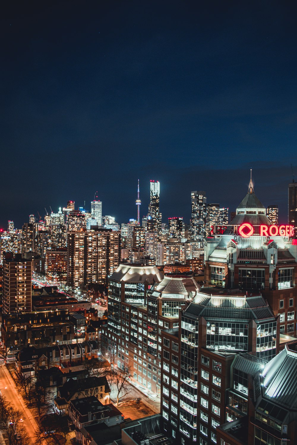 aerial view of city buildings during night time