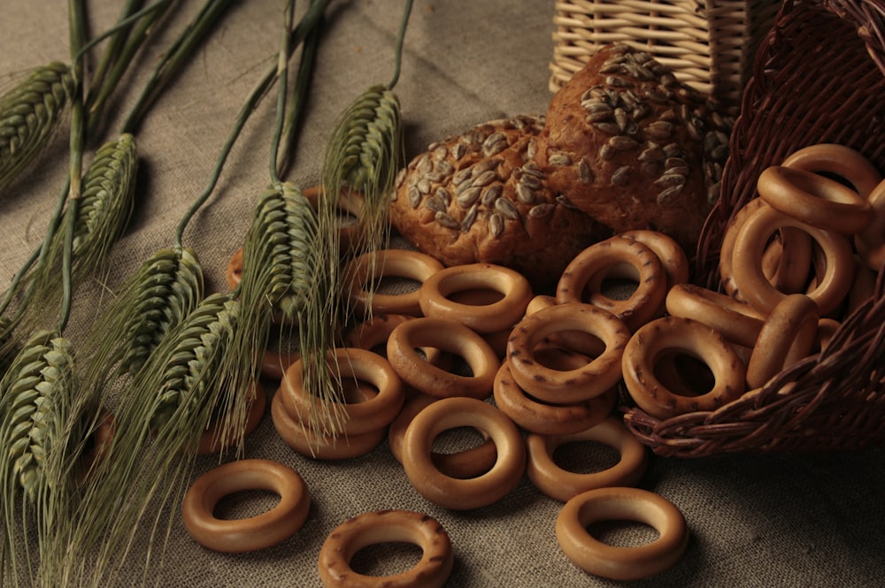 brown donuts on brown wicker basket