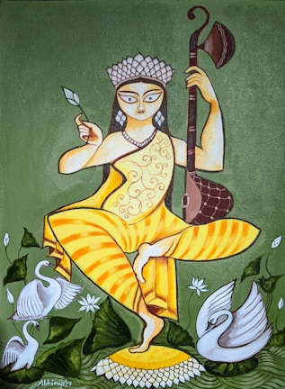 A stylized painting of a figure holding a musical instrument in one hand and a leaf in the other, with an elaborate headdress. The figure is dressed in a yellow garment with ornate patterns and stands on one leg atop a lotus flower. Swans and green foliage surround the figure, adding to the serene and artistic composition.
