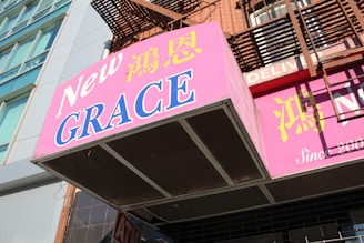 A storefront sign with a bright pink background displaying text in English and Chinese characters. The words 'New GRACE' are prominently featured along with additional Chinese characters and 'Since 200?' printed in smaller font. The sign is mounted under a metal awning, attached to a building with modern architectural elements and surrounded by shadows from a fire escape.