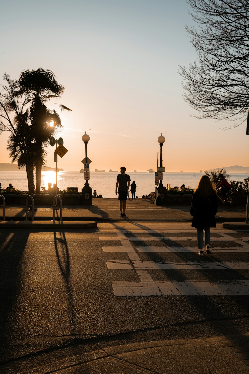 silhouette of people walking on sidewalk during sunset