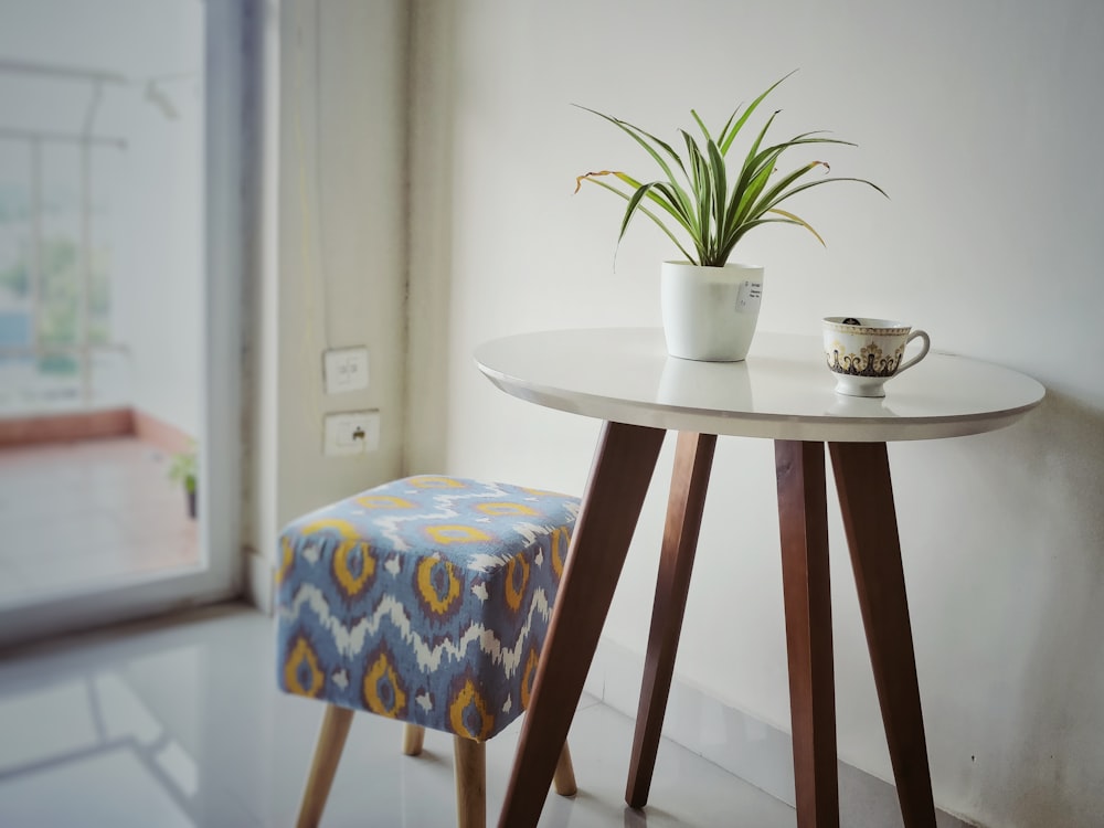 green plant on white ceramic pot on white round table