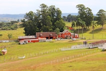 A picturesque countryside setting featuring a red farmhouse with several buildings surrounded by lush greenery and large trees. White fences and a few people are visible in the scene, contributing to a peaceful rural atmosphere.