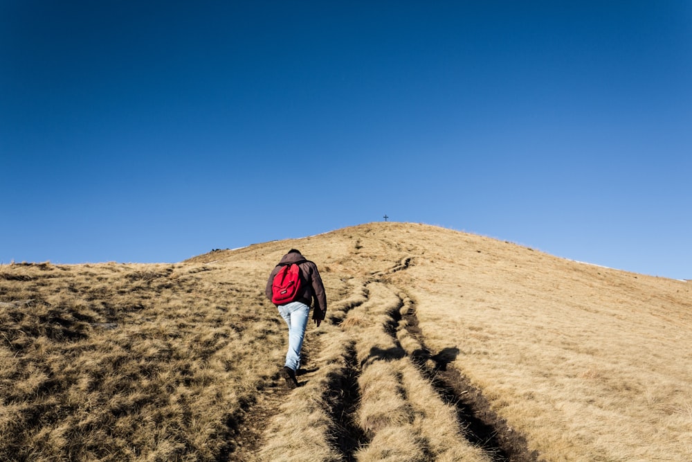 woman in red jacket walking on brown field during daytime