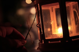 Close-up of a glowing lantern hanging from a rustic wooden branch at dusk.