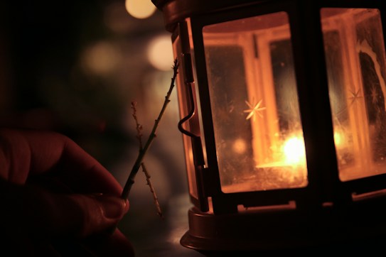A close-up view of a lantern with a warm, glowing light emanating from within, casting soft shadows. A hand is holding delicate, dried branches near the lantern, creating an intimate and cozy atmosphere.