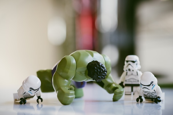 A group shot of various custom minifigures posed dynamically as if in action.