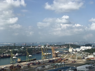 A panoramic view of a bustling oil port with ships and cranes in action.