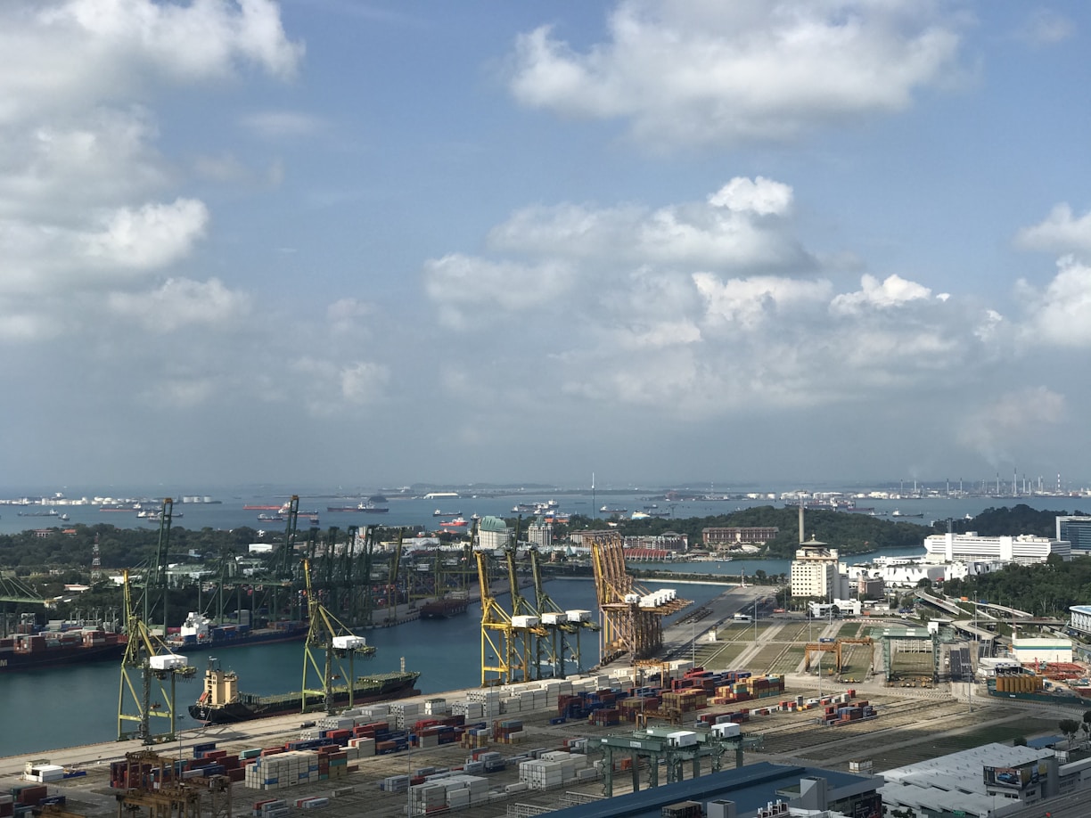 A dynamic photo of a bustling international port with cargo ships and cranes under a clear sky.