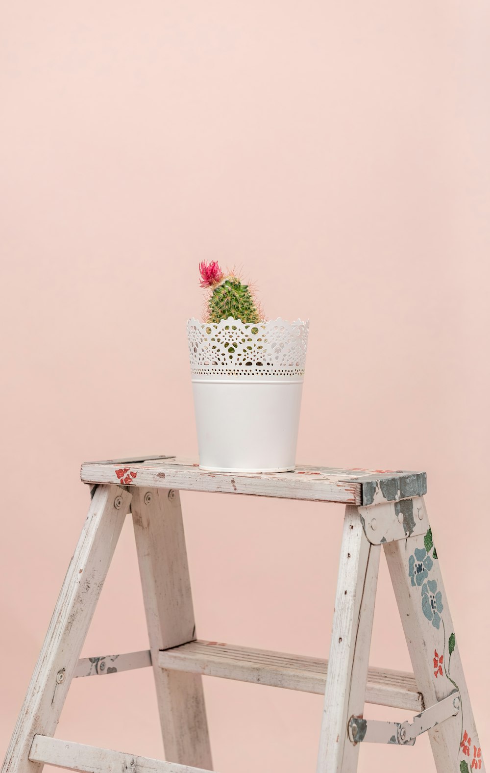 Pot de fleurs en céramique blanche sur chaise en bois marron