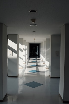 blue white and brown tiled hallway