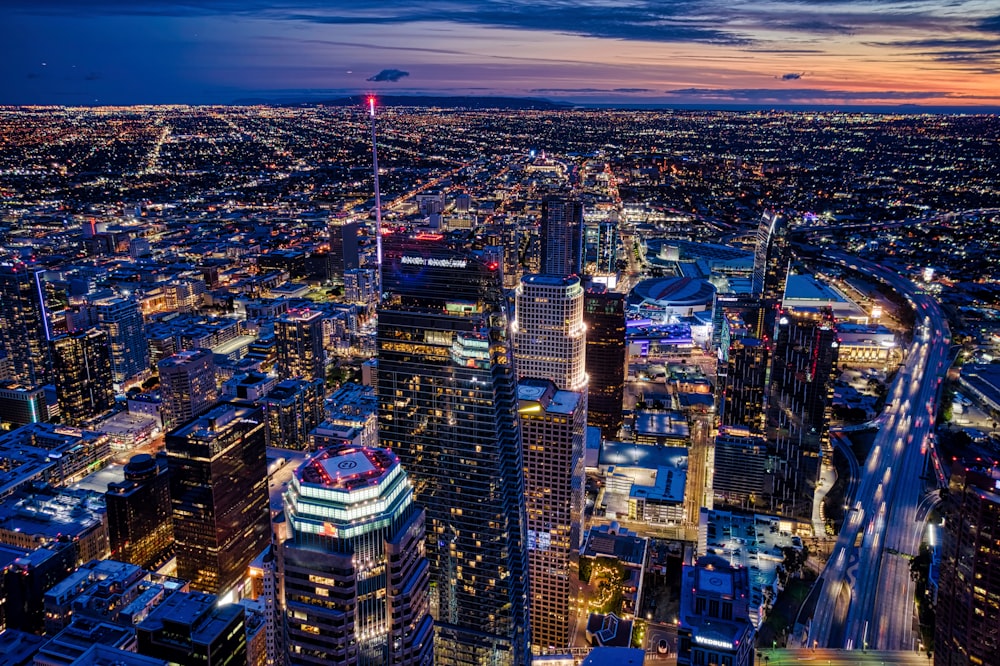 aerial view of city buildings during night time