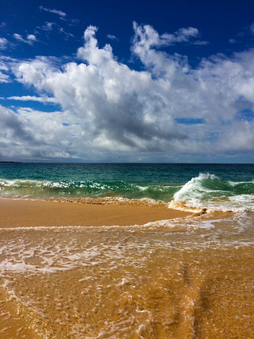 vagues de mer s’écrasant sur le rivage sous un ciel nuageux bleu et blanc pendant la journée
