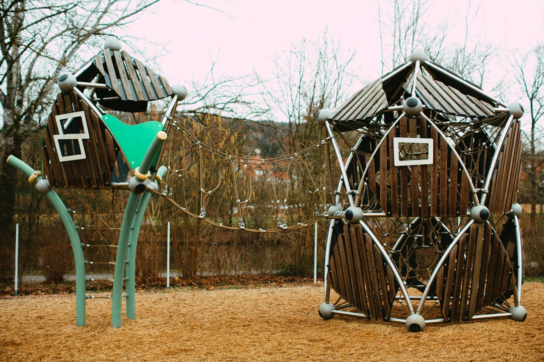 blue wooden swing near brown wooden house during daytime